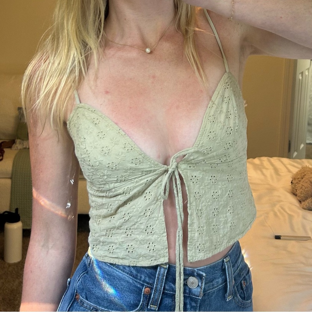 Light Sage Eyelet Tie-Front Cami Top